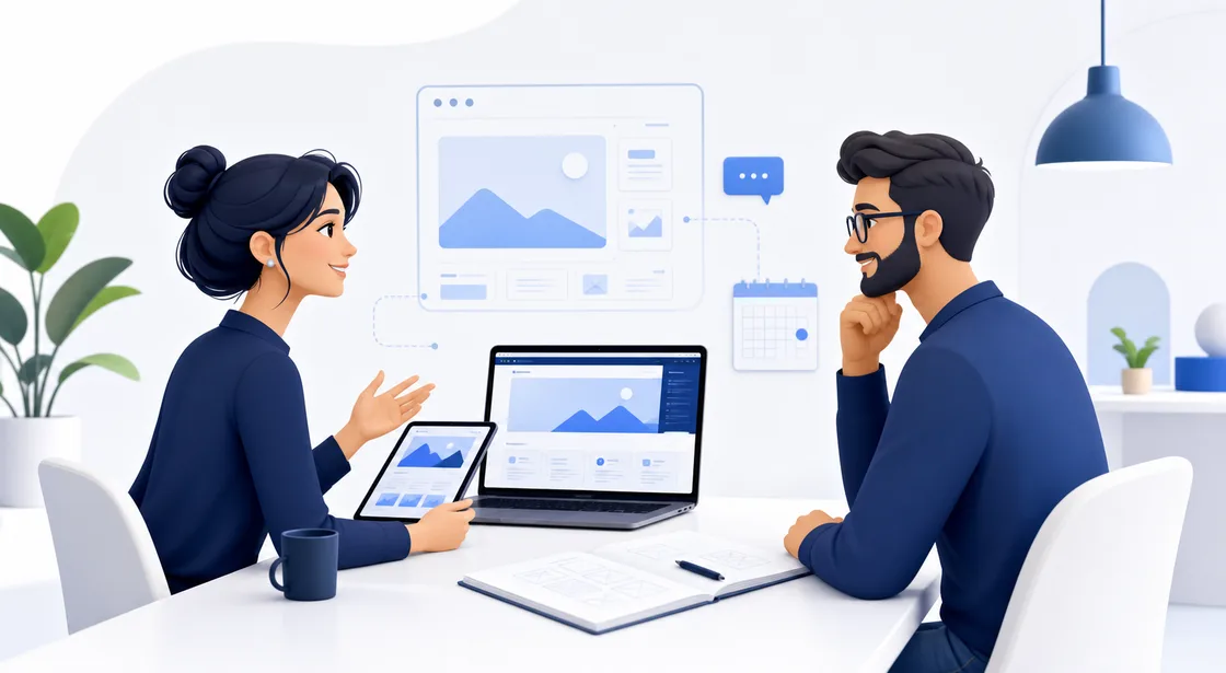 Illustration d'un échange entre une cliente et un développeur autour d'un projet web